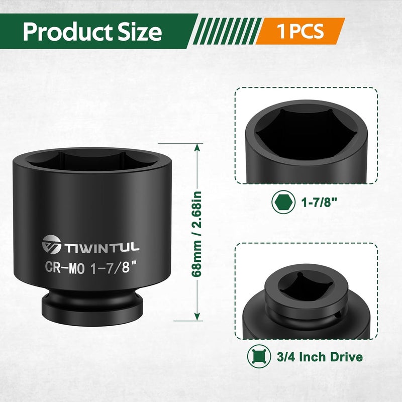 TIWINTUL 3/4 Inch Drive Impact Socket 1-7/8", Anti-Rounding 6-Point Design SAE Socket, Heat-Treated CR-MO, Black Phosphate Finish, Axle Nut Socket for Auto Repair, Easy Removal - Image 2
